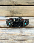 Leather Dog Collar With Turquoise Flower Conchos 10" to 22" W231S -DC69