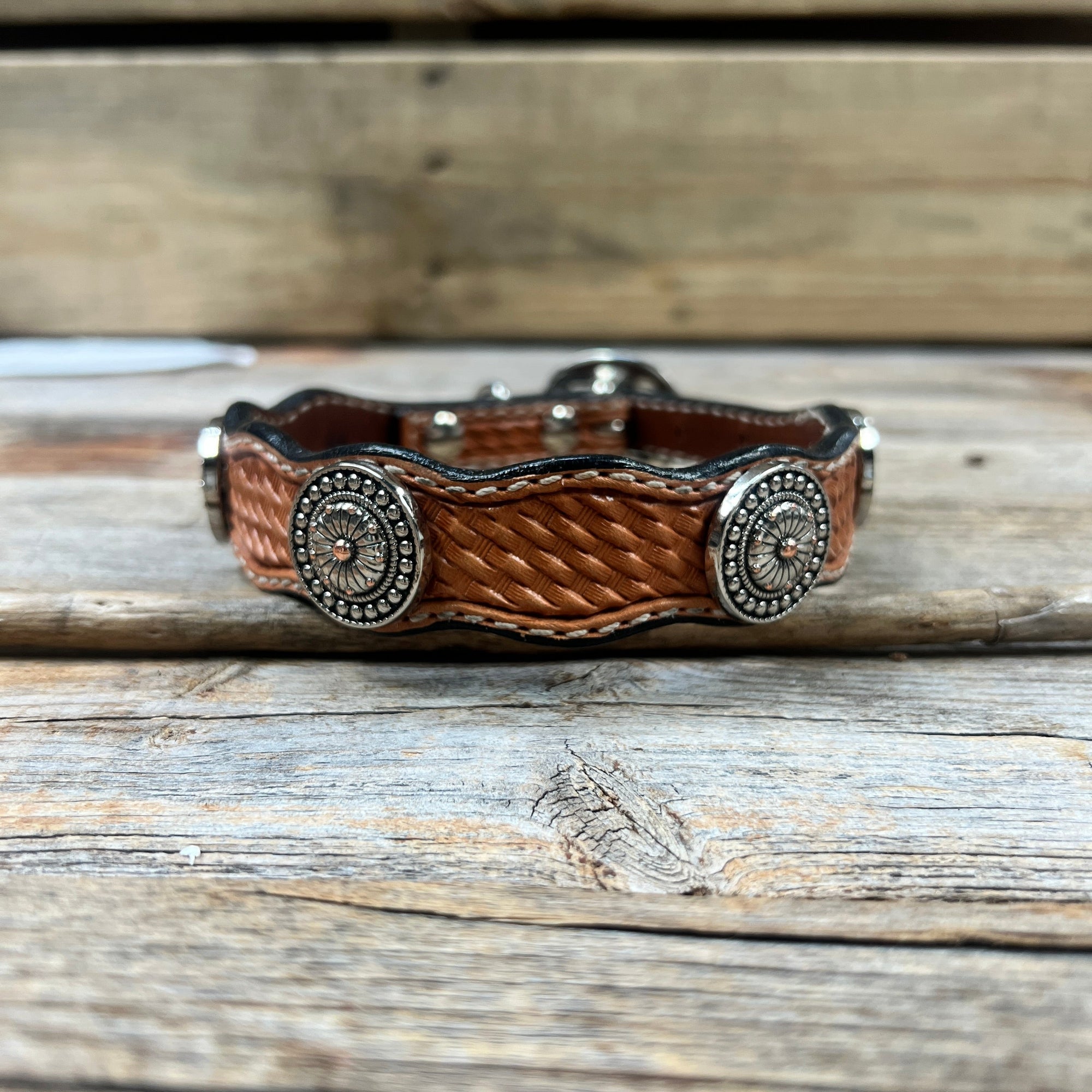 Leather Dog Collar With Flower and Dot Conchos 10" to 22" W230S -DC70
