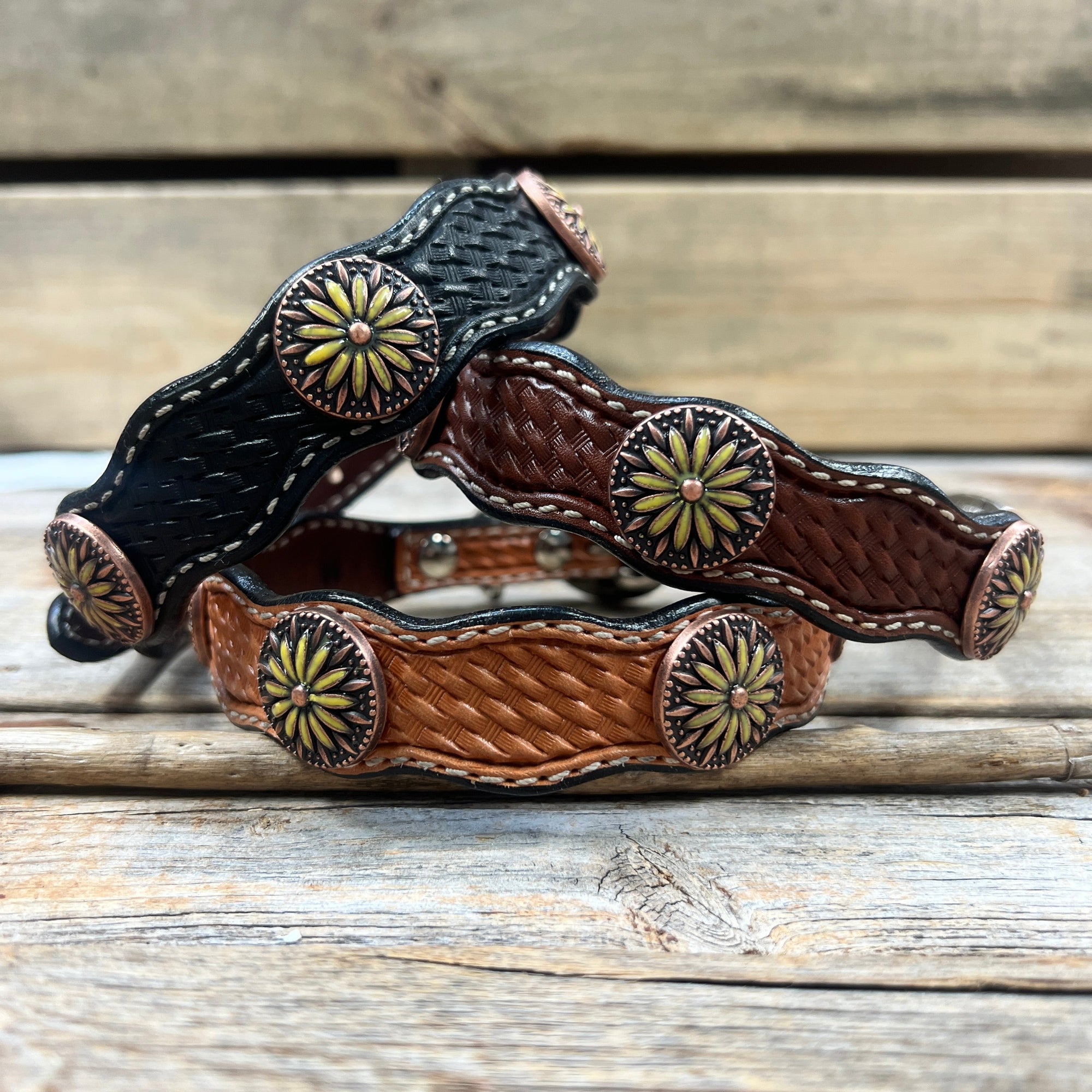 Leather Dog Collar With Yellow Daisy Conchos 10" to 22" W229S -DC71