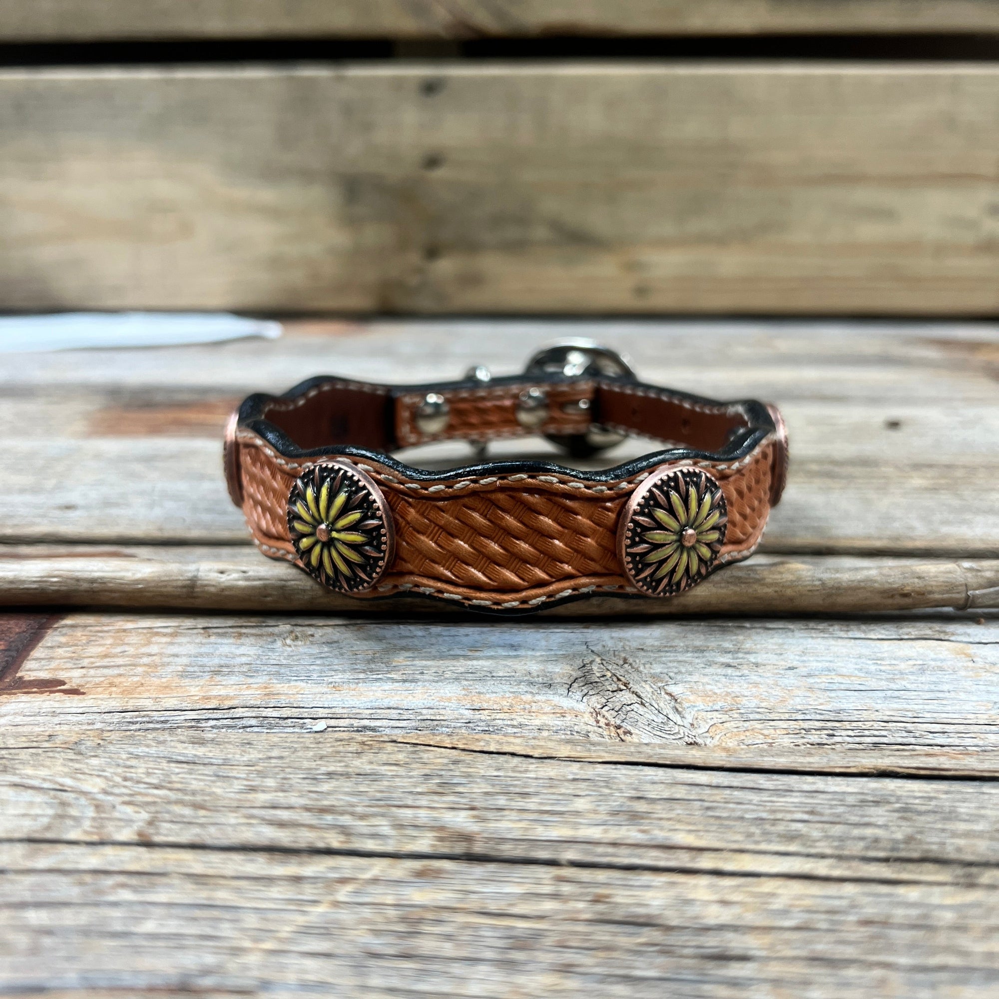 Leather Dog Collar With Yellow Daisy Conchos 10" to 22" W229S -DC71