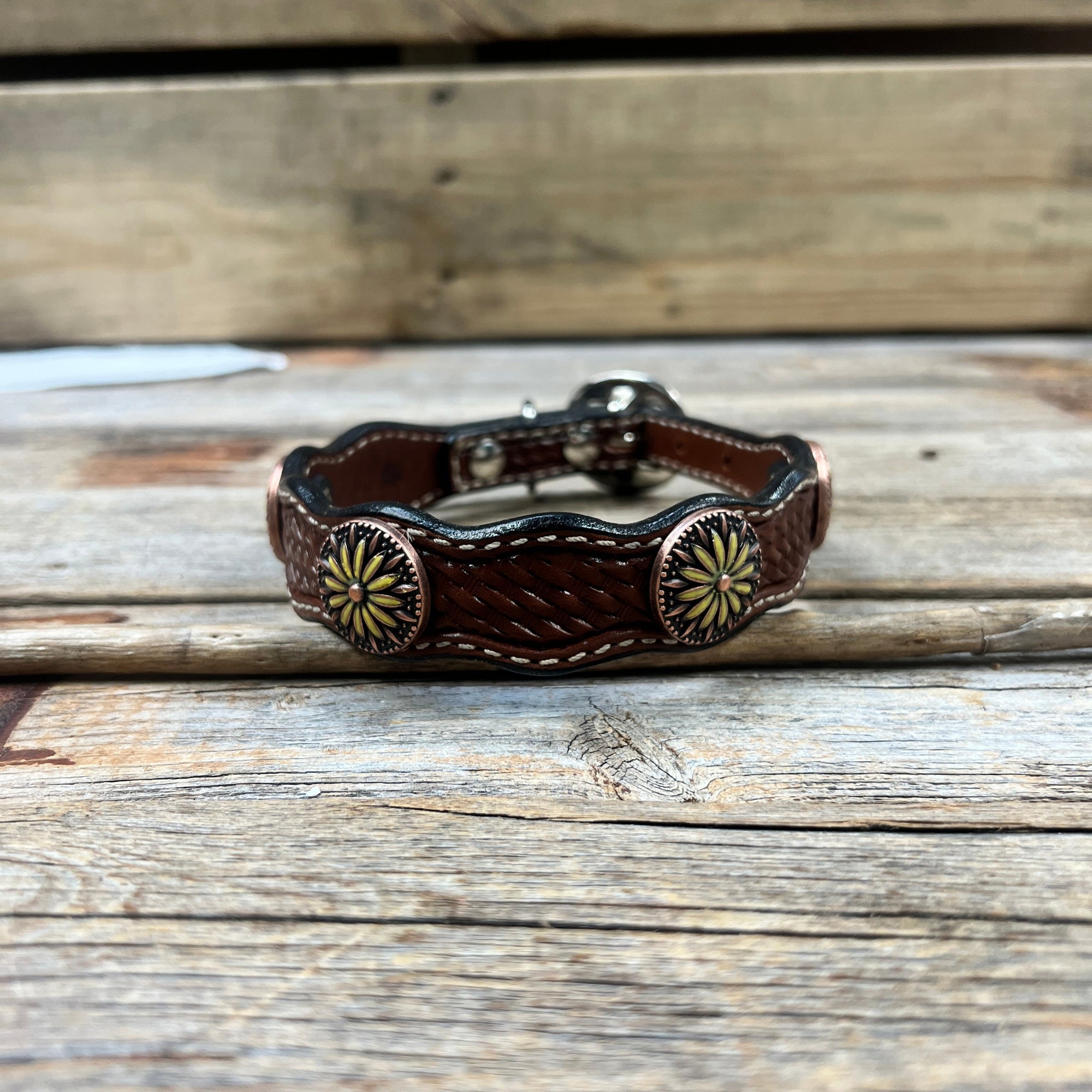 Leather Dog Collar With Yellow Daisy Conchos 10" to 22" W229S -DC71