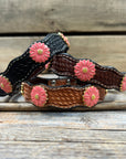 Leather Dog Collar With Pink Flower Conchos 10" to 22" W228S -DC72