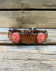 Leather Dog Collar With Pink Flower Conchos 10" to 22" W228S -DC72