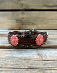Leather Dog Collar With Pink Flower Conchos 10" to 22" W228S -DC72