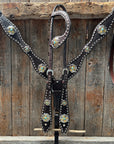 Dark Oil Buckstitch Gold Cross Browband/One Ear and Breastcollar Tack Set