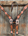 Two Tone Leaf Neon Orange Browband/One Ear Headstall & Breastcollar Tack Set