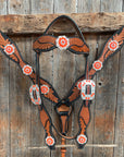 Two Tone Leaf Neon Orange Browband/One Ear Headstall & Breastcollar Tack Set