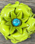 Hand Painted Leather Flowers - Gardenias - Round Turquoise Cabochons