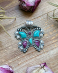 Sterling Silver Butterfly Pendant with Kingman Turquoise & Purple Spiny Oyster – Handmade by Artist Shay Pfeiffer