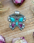 Sterling Silver Butterfly Pendant with Kingman Turquoise & Purple Spiny Oyster – Handmade by Artist Shay Pfeiffer