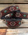 Tooled Red and Brown Leather Beaded Dog Collar