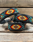 Tooled Turquoise and Black Leather Beaded Dog Collar
