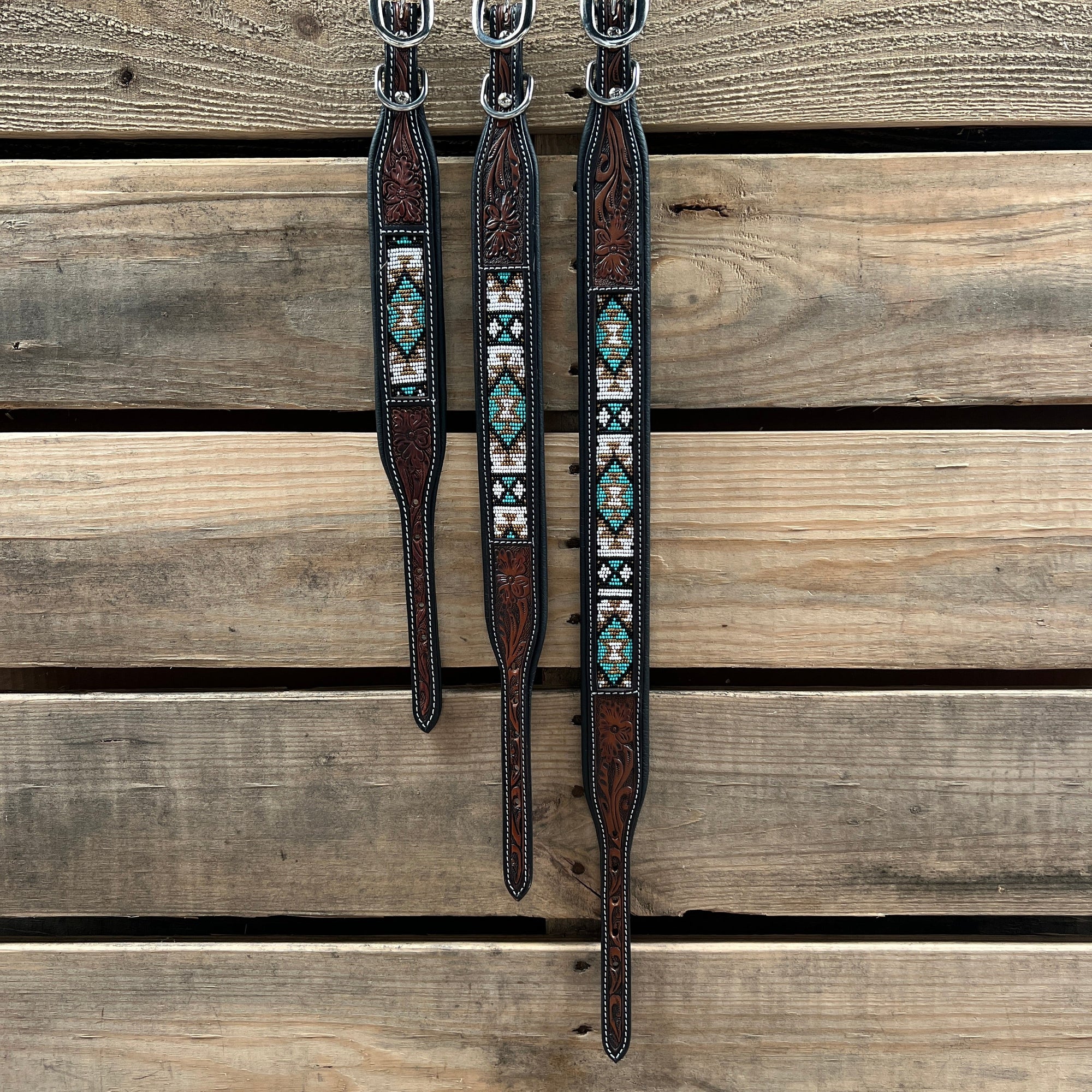Tooled Turquoise and Gold Leather Beaded Dog Collar