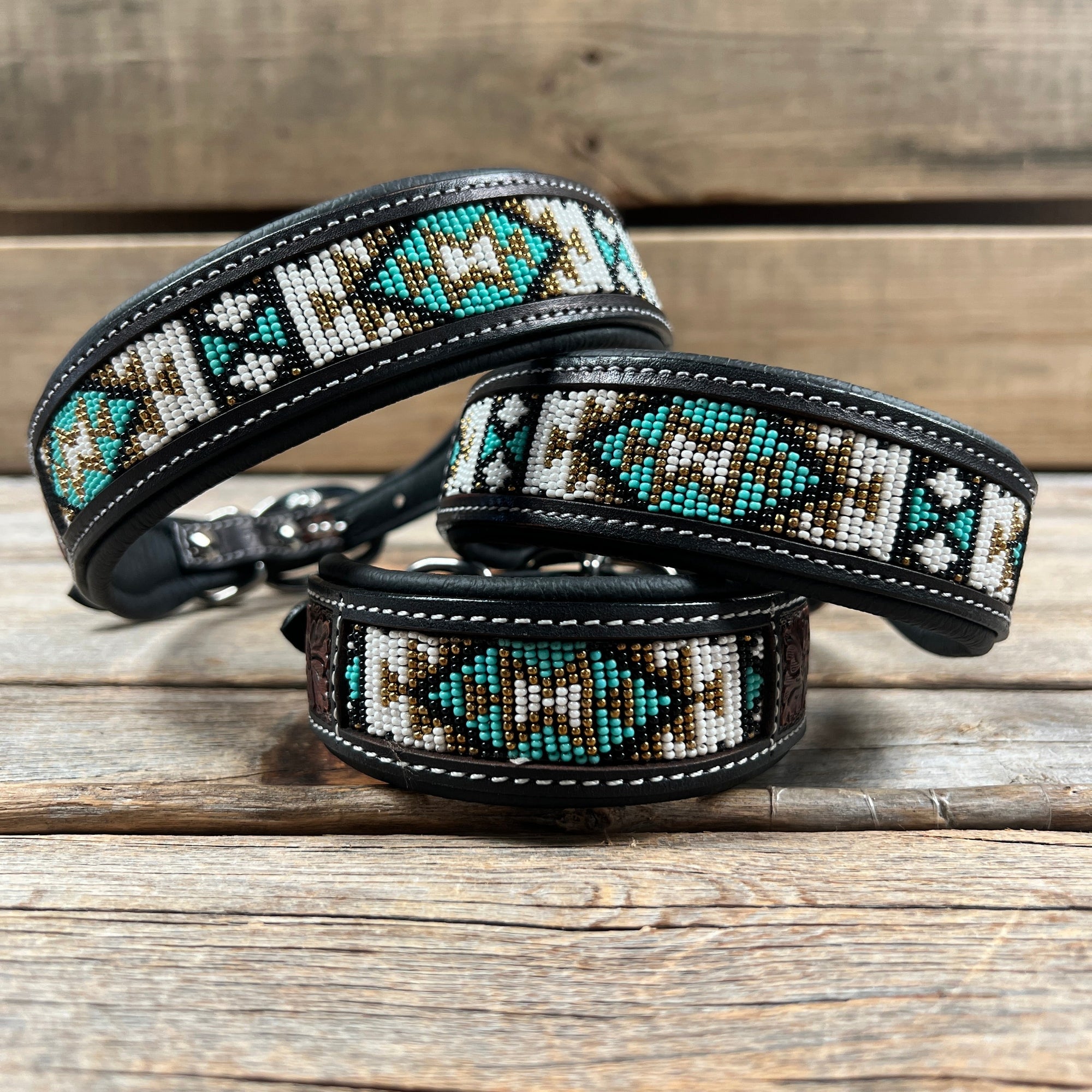 Tooled Turquoise and Gold Leather Beaded Dog Collar