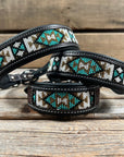 Tooled Turquoise and Gold Leather Beaded Dog Collar