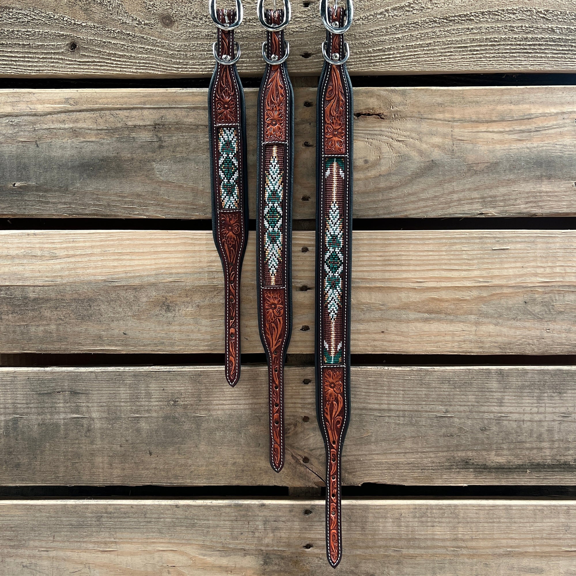 Tooled Green and Brown Leather Beaded Dog Collar