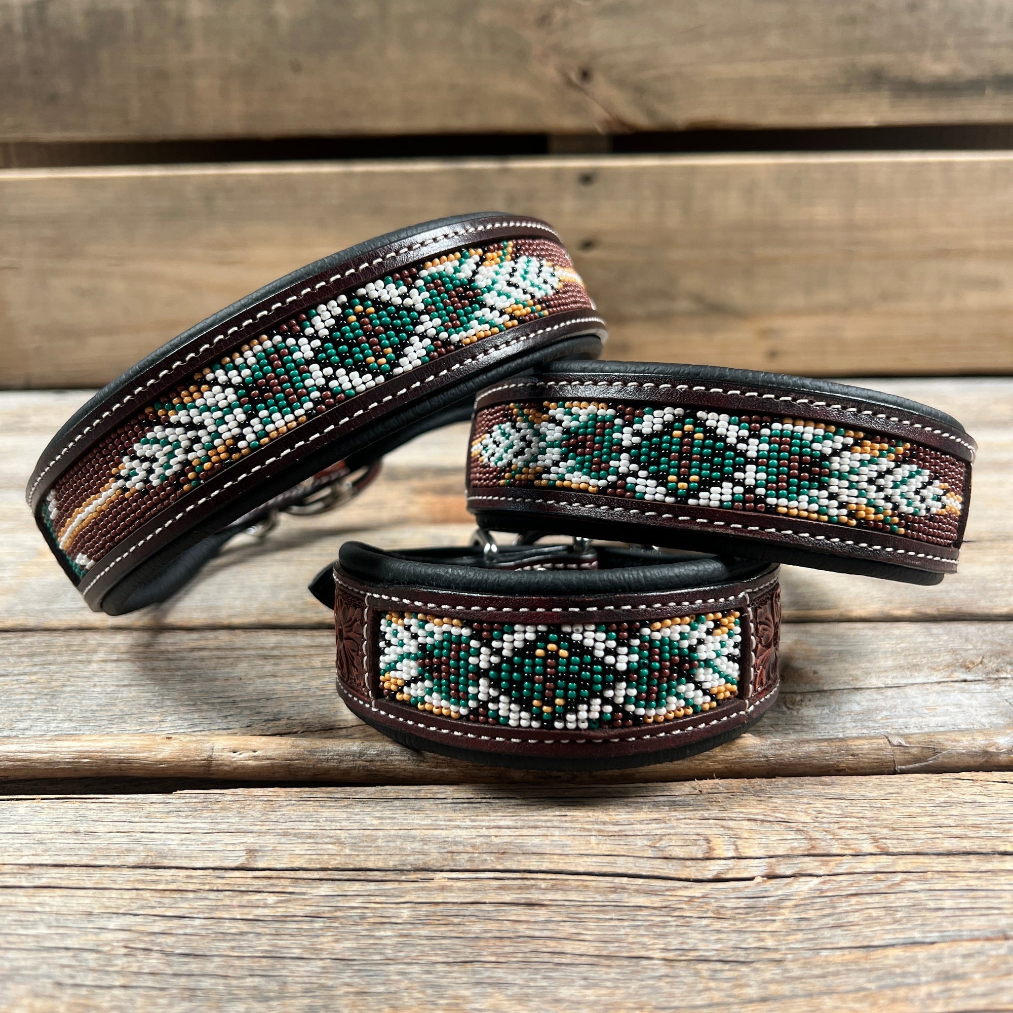 Tooled Green and Brown Leather Beaded Dog Collar