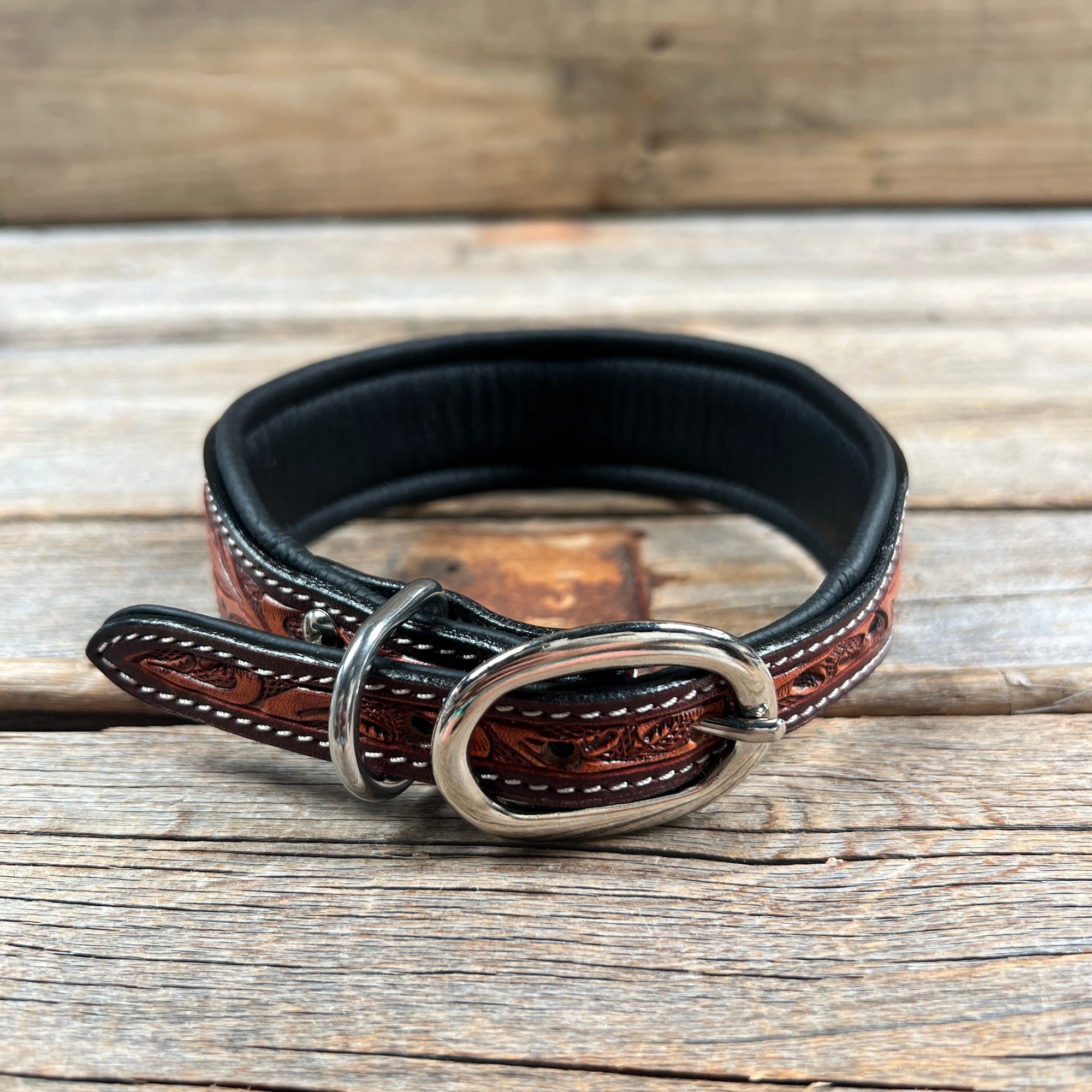 Tooled Green and Brown Leather Beaded Dog Collar
