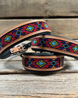 Tooled Red and Purple Leather Beaded Dog Collar