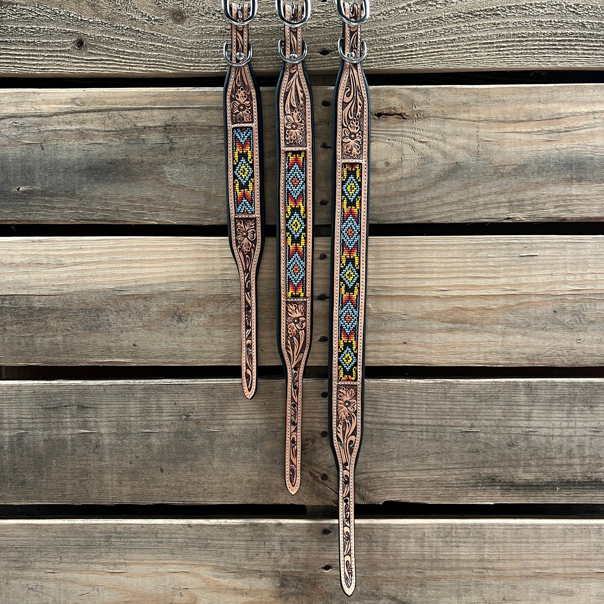 Tooled Yellow Leather Beaded Dog Collar