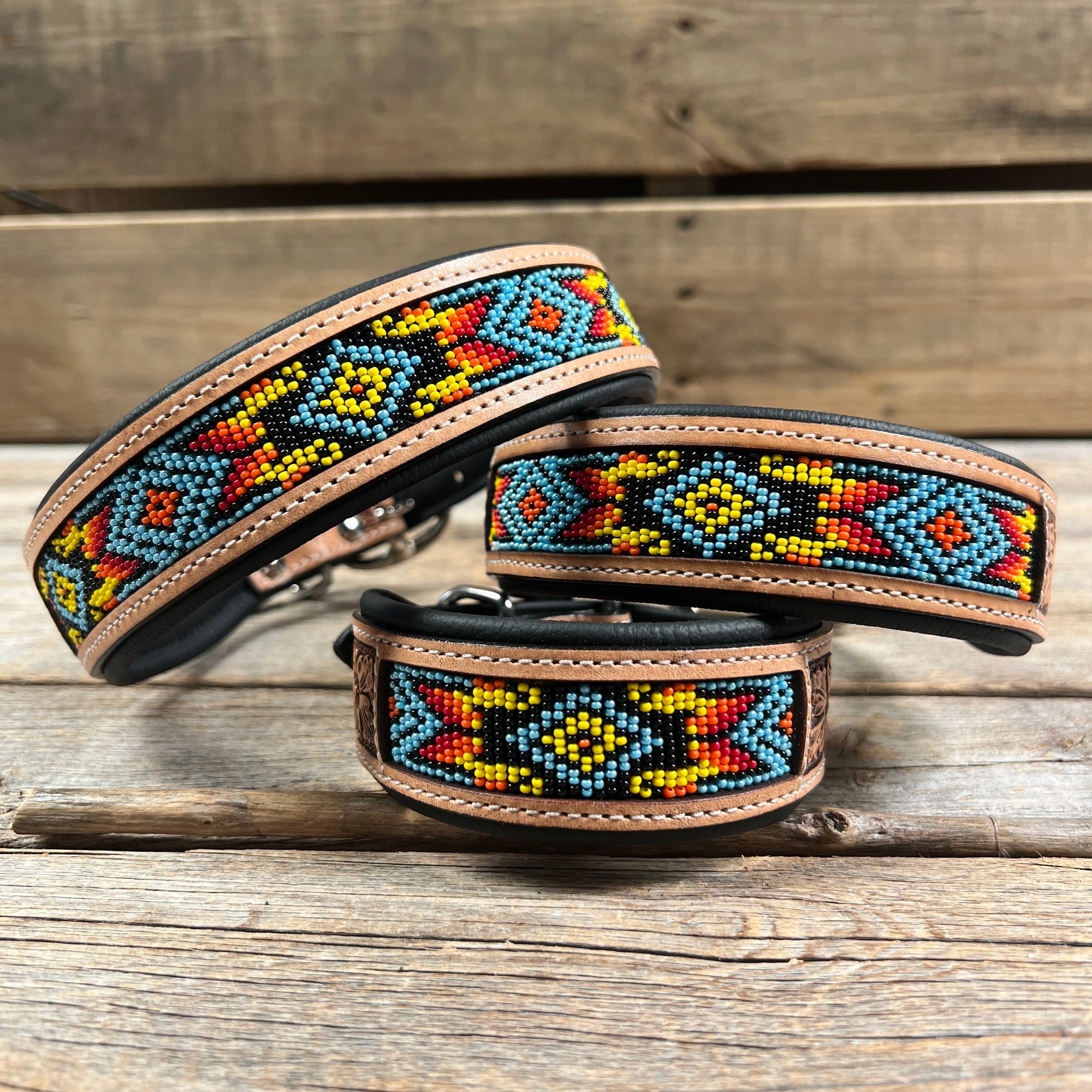Tooled Yellow Leather Beaded Dog Collar