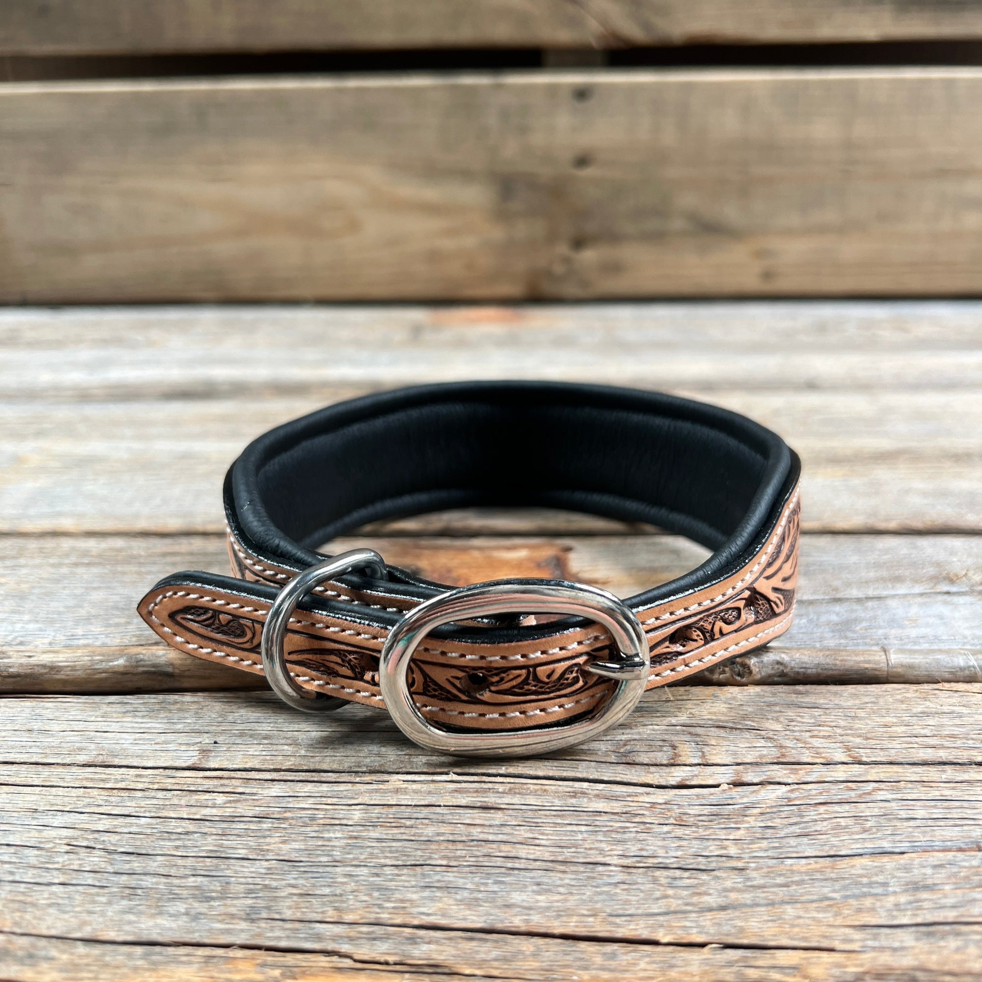 Tooled Yellow Leather Beaded Dog Collar