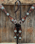 Flower Power Antique Silver and Turquoise One Ear Headstall & Breastcollar Tack Set
