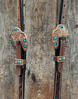 Medium Floral Teal Dot Teal and Champagne One Ear Headstall - Breastcollar Tack Set