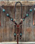 Medium Floral Teal Dot Teal and Champagne One Ear Headstall - Breastcollar Tack Set