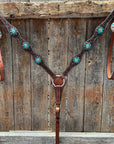 Medium Floral Teal Dot Teal and Champagne One Ear Headstall - Breastcollar Tack Set