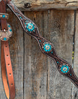 Medium Floral Teal Dot Teal and Champagne One Ear Headstall - Breastcollar Tack Set
