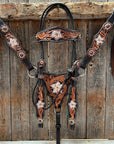 Triple Tone Floral Ruby, Jet and Champagne Browband - Triangle / Gladiator Breastcollar Tack Set