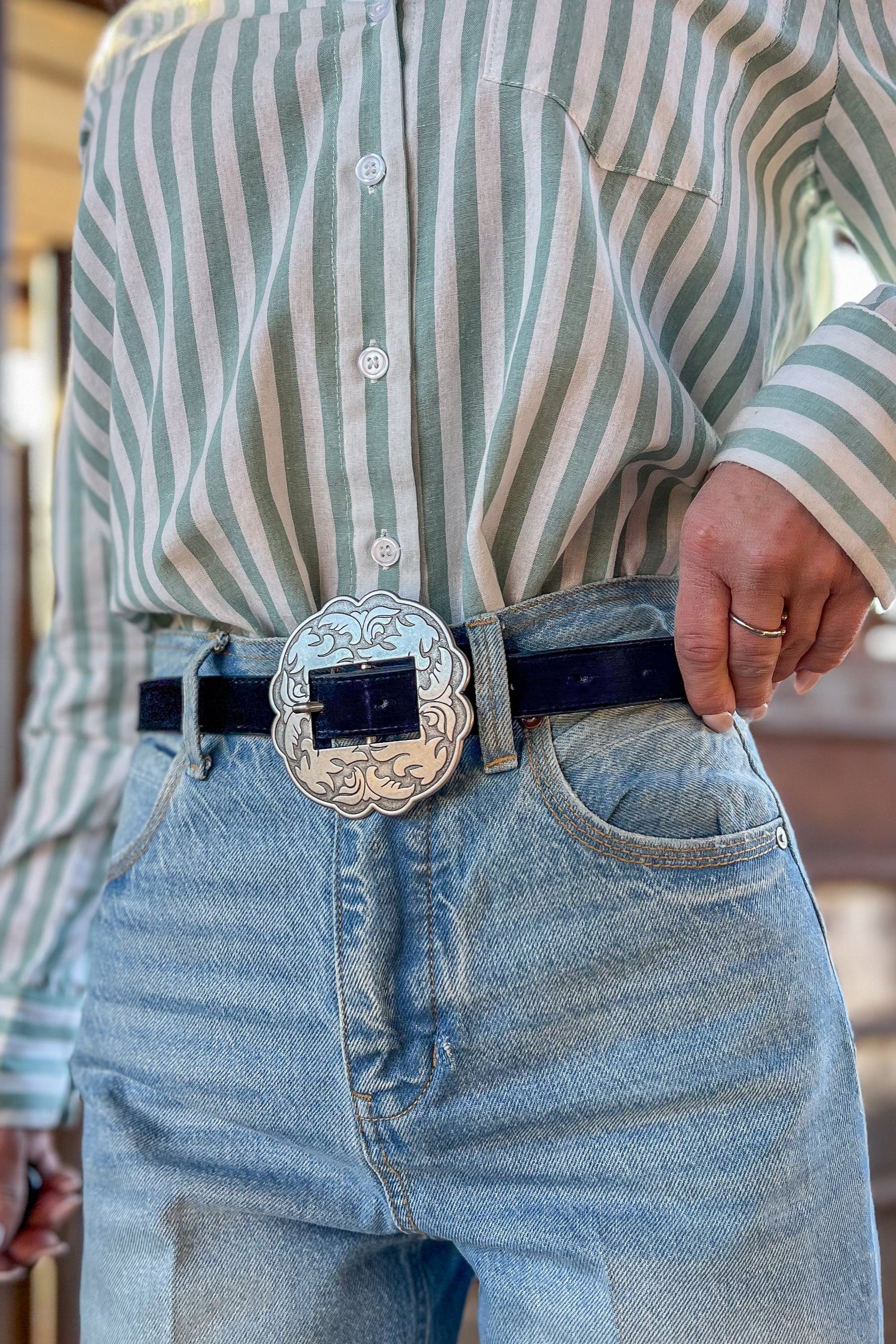 The Jessie Suede Concho Belt in Black
