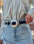 The Jessie Suede Concho Belt in Black