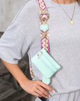 Sea Green Geometric Printed Phone Strap And Detachable Zipped Pouch