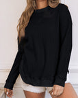 Isabelle Crew Neck Ribbed Trim Waffle Knit Top