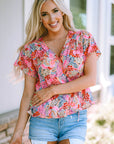 Violeta Surplice V Neck Floral Print Flutter Peplum Blouse