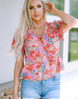Violeta Surplice V Neck Floral Print Flutter Peplum Blouse