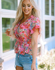Violeta Surplice V Neck Floral Print Flutter Peplum Blouse