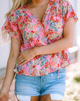 Violeta Surplice V Neck Floral Print Flutter Peplum Blouse