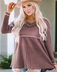 Liana Waffle Knit V Neck Long Sleeve Babydoll Top