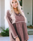 Liana Waffle Knit V Neck Long Sleeve Babydoll Top