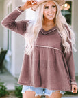 Liana Waffle Knit V Neck Long Sleeve Babydoll Top