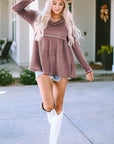 Liana Waffle Knit V Neck Long Sleeve Babydoll Top