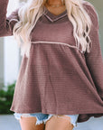 Liana Waffle Knit V Neck Long Sleeve Babydoll Top