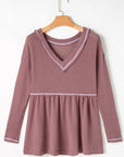 Liana Waffle Knit V Neck Long Sleeve Babydoll Top