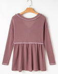 Liana Waffle Knit V Neck Long Sleeve Babydoll Top
