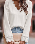 Lola Ribbed Texture Lace Trim V Neck Long Sleeve Top