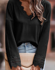 Lola Ribbed Texture Lace Trim V Neck Long Sleeve Top