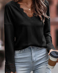 Lola Ribbed Texture Lace Trim V Neck Long Sleeve Top
